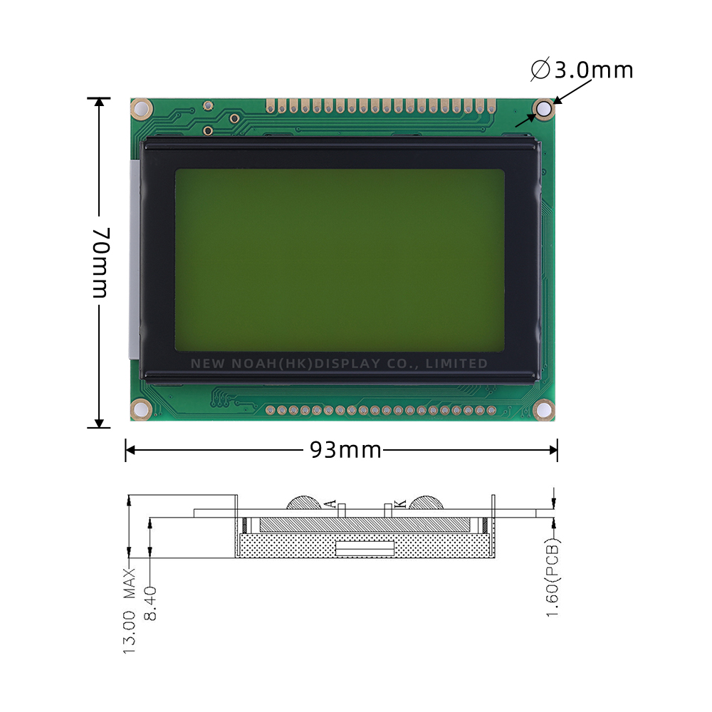 Yellow Green Film 12864J-3 93X70MM STN 6800 Parallel SBN0064 Module 5V Power Supply Graphic LCD Display Screen - Image 4