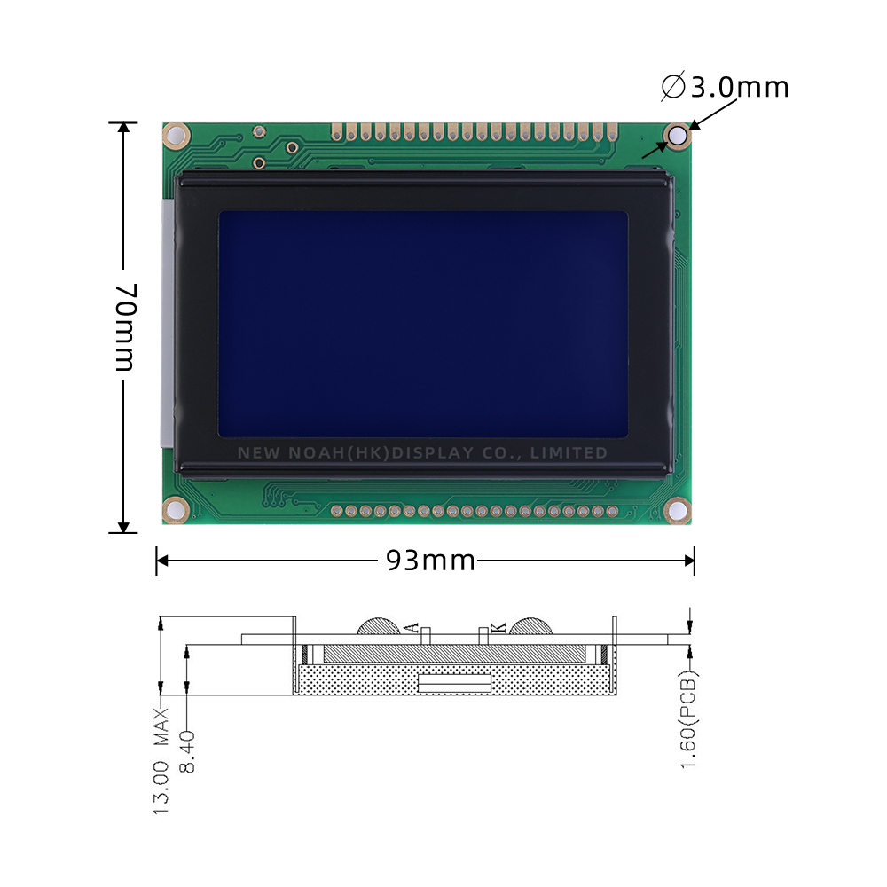 Blue Film 5V 12864J-3 WiStar 20P 93X70MM STN 5V Power Supply 128X64 Graphic LCD Display Screen - Image 4